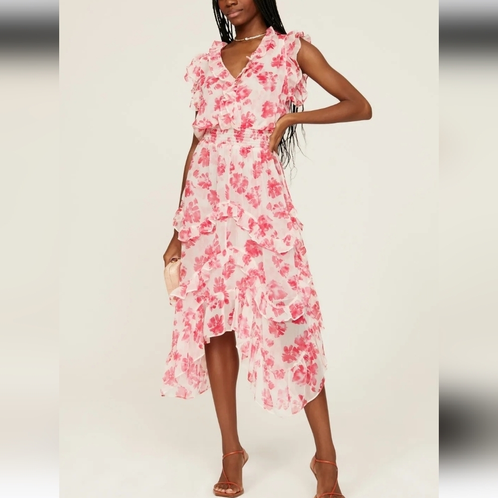 Misa LA Dakota Chiffon Floral Midi Dress XS Hi Lo Assymetrical Hem